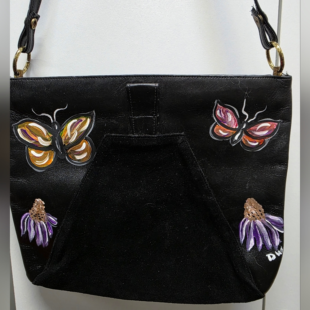 Hand Painted Black Leather Bag with Butterfly Design